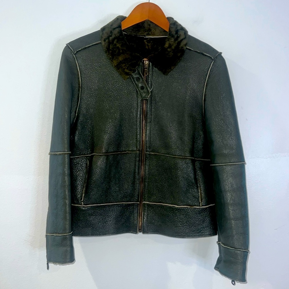 REM GARSON Olive Leather Jacket 100% Real Shearling Fur Coat